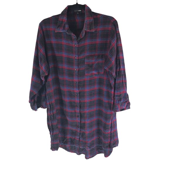 Fashion Nova Dresses & Skirts - Fashion Nova Womens Flannel Shirt Dress Tunic High Slit Plaid Red Black Blue M